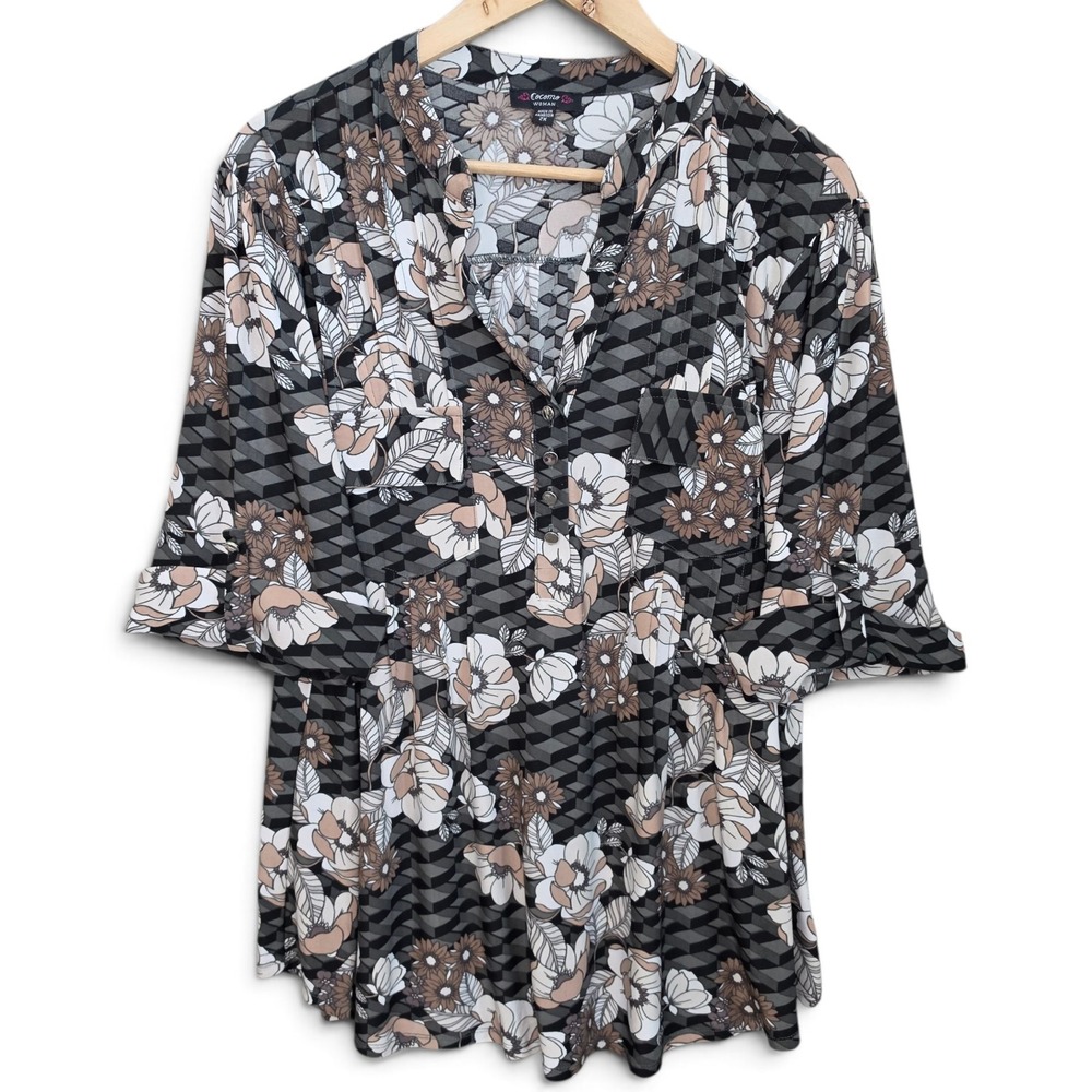 Cocomo Womens Top Plus Size 2X Black Floral Split Neck Roll Tab Sleeve Blouse
